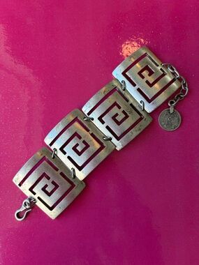 Greek Key Silver Geometric Square Link Bracelet - Spiral Cutouts